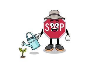 Illustration of stop road sign cartoon watering the plant