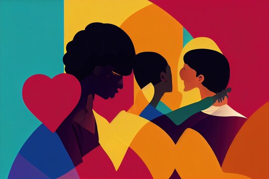 LGBTQIA+ Polyamorous happy couple abstract art color block pride month rainbow made with Generative Ai