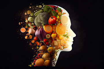 Thinking made of and surrounded by healthy food, fruits and vegetables, healthy lifestyle on a clean background