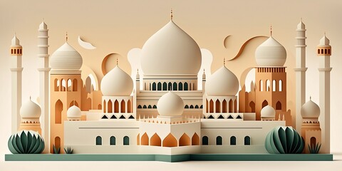 Very detailed vector mosque, soft color, multi layers, paper like ornament, islamic, ramadan theme. Generative AI