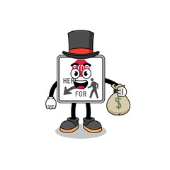 stop here for pedestrians mascot illustration rich man holding a money sack