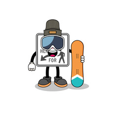Mascot cartoon of stop here for pedestrians snowboard player