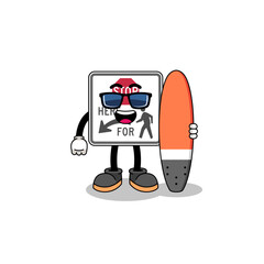 Mascot cartoon of stop here for pedestrians as a surfer