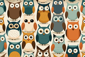 Cute owls birds group color seamless pattern