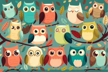 Cute owls birds group color seamless pattern