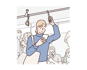 Woman commuter in the subway. Hand drawn style vector design illustrations.