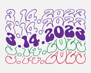 3.14.2023 pi day phrase retro groovy wavy repeat text Mirrored typographic art on white background - obrazy, fototapety, plakaty