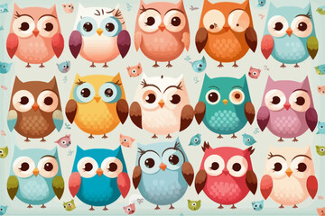 Fototapeta premium Cute owls birds group color seamless pattern
