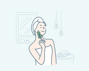 Young beautiful woman wearing shower towel after bath. Natural organic skin care, Hand drawn style vector design illustrations.