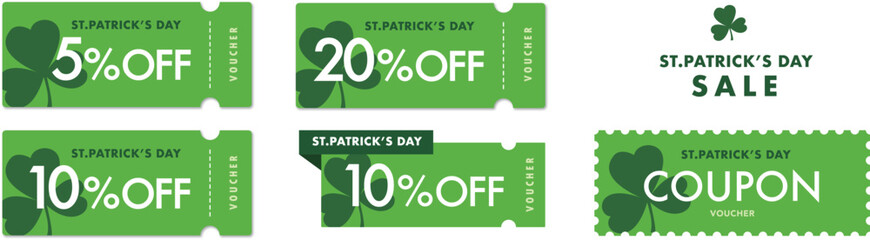 Fototapeta premium セントパトリックデーセールに使えるクローバーのクーポンベクターセット