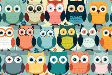 Cute owls birds group color seamless pattern