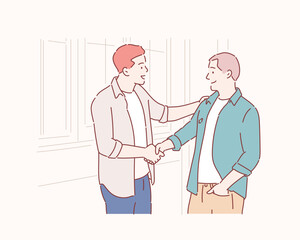 Happy young student giving a handshake to his classmate. Hand drawn style vector design illustrations.