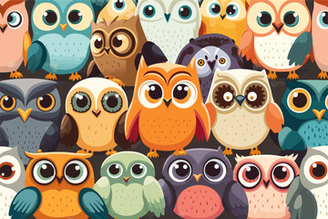 Cute owls birds group color seamless pattern