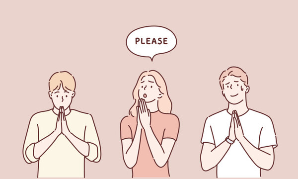 People begging and praying with hands together with hope expression on face very emotional and worried. Hand drawn style vector design illustrations.