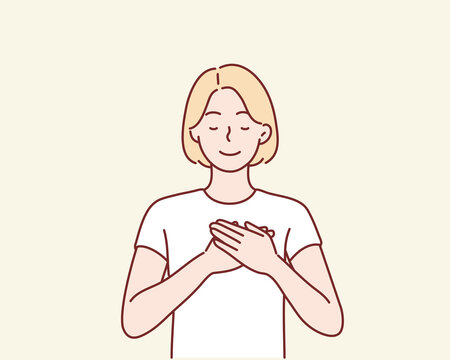 Touched positive woman with pleased expression keeps hands on chest, feels gratitude, impressed by good words of gratitude. Hand drawn style vector design illustrations.