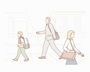 people walking in the street. Hand drawn style vector design illustrations.