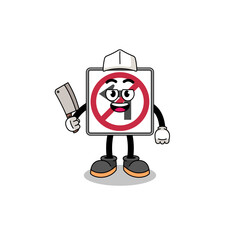 Mascot of no left turn road sign as a butcher