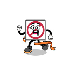 Mascot cartoon of no left turn road sign running on finish line