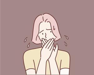 Young woman covering her mouth. Hand drawn style vector design illustrations.