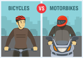 Bicycles vs motorbikes: which is better on roads. Safe driving tips and traffic regulation rules. Close-up of motorcycle rider and cyclist. Flat vector illustration template.