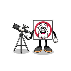 Illustration of no left turn road sign mascot as an astronomer