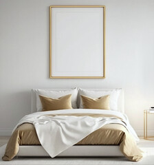 Gold empty picture frame hanging in bedroom over bed on white wall, minimalist background for mockup, photo, display, advertising