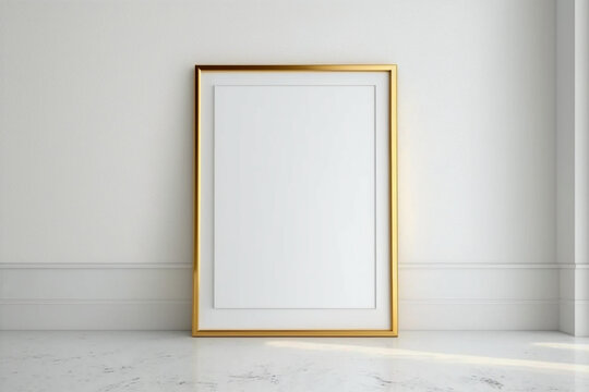 Gold empty vertical picture frame in room on marble floor against white wall background for mockup, display, photo, advertising