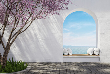 Fototapeta na wymiar Modern luxury scandinavian wooden bench with arch with white arch wall 3d render There are stone brick floor decorated with pink flower tree overlooking the sea view for copy space