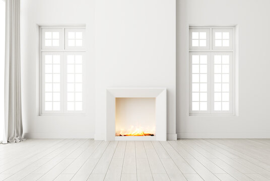 Minimal style empty white room Furnished with a modern fireplace with flames 3d render The room has a parquet floor. white window overlooking bright background