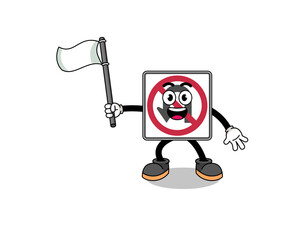 Cartoon Illustration of no U turn road sign holding a white flag