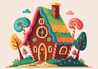 colorful gingerbread cottage made with generative ai, vector style, flat, illustration, cartoon, line