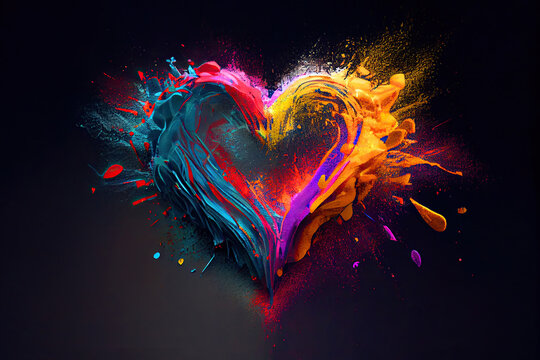Colourful Paint and Powder Love Heart on a dark background