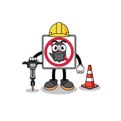 Character cartoon of no U turn road sign working on road construction