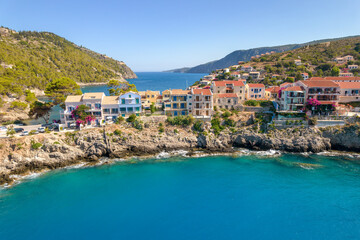 aerial view of the beautiful Assos village in kefalonia island, ionian, west Greece.