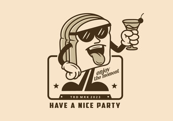 Illustration character badge design of a bread holding a drink