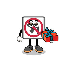 no left or U turn road sign mascot illustration giving a gift