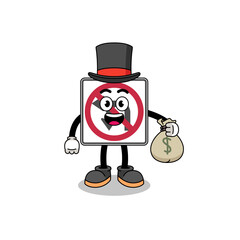 no left or U turn road sign mascot illustration rich man holding a money sack