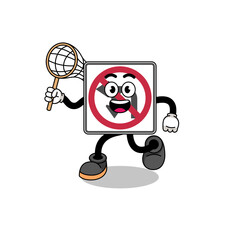 Cartoon of no left or U turn road sign catching a butterfly