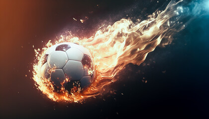 Fototapeta premium soccer football fire flame flying look like comet and goal net.sport action for advertising concepts.ai generated images