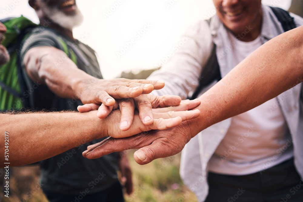 Sticker Hiking, sports and hands of people stack for support, motivation and fitness in outdoor forest. Teamwork, diversity and group of hikers for exercise, trekking and cardio workout in woods for wellness