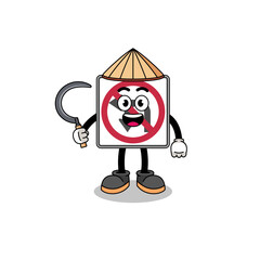 Illustration of no left or U turn road sign as an asian farmer