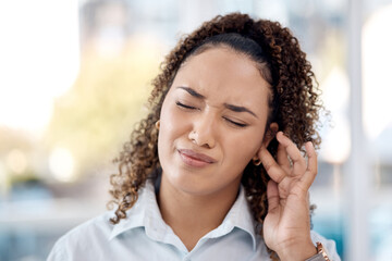 Earache, injury and woman with a hearing problem from noice, loud music and deaf. Stress, pain and...