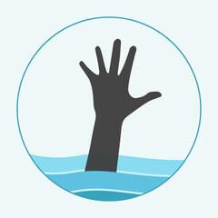 Isolated illustration of river, sea, water, swimming poll drowned danger, risk alert circle sign. With illustration man's hand reach up from water