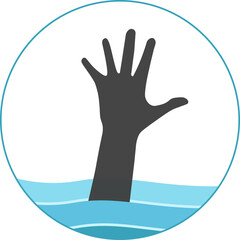 Obraz premium Isolated illustration of river, sea, water, swimming poll drowned danger, risk alert circle sign. With illustration man's hand reach up from water