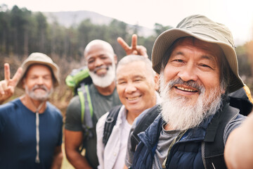 Hiking, selfie and friends portrait with peace sign while taking pictures for happy memory in...