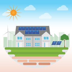 House with Solar Panels and Wind Turbines in the Green City. Sustainable energy for Environment. Vector Illustration.
