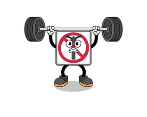 Fototapeta na wymiar no thru movement road sign mascot cartoon lifting a barbell