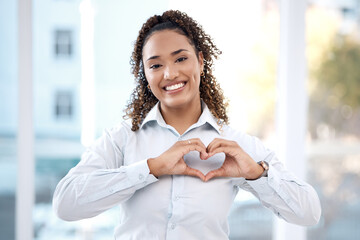 Fototapeta na wymiar Black woman, hands and portrait with heart emoji for love, charity and support with a happy smile. Face of business person with shape for care, valentines day and hope or sign for review and feedback