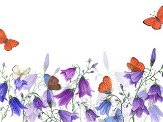 Watercol floral horizontal border with bells and flying butterflies isolated on white background. Perfect for wallpaper, card, textile, scrapbooking, wedding invitation.