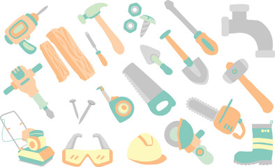 Simple Construction Work Equipment Flat Design Illustration Set